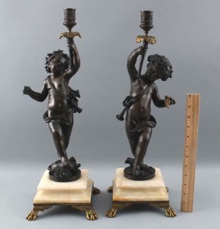 Pair Antique Victorian Bronze & Marble Cherub Puti Children Candlestick Lamps Nr