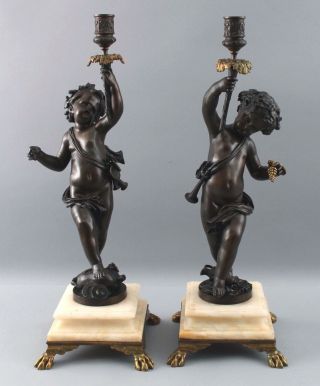 Pair Antique Victorian Bronze & Marble Cherub Puti Children Candlestick Lamps NR 2