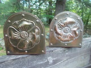 Large " Roycroft " Bookends With Poppy Flower Design