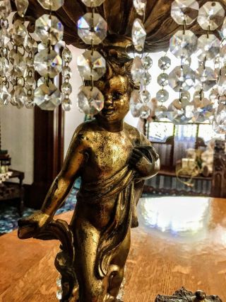 1930 ' s Figural Cherub Electric Table Lamp w/ Crystals & Cut Glass Shade 4