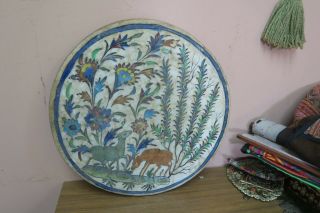 Antique Iznik Qajar Persian Poly - Chrome Glazed Pottery Tile Deer Scene 15 "