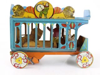 Vintage Ferdinand Strauss Big Show Circus Tin Windup Car W/ Moving Lion & Tamer