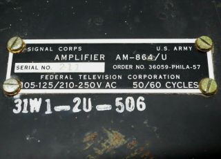 U.  S.  ARMY SIGNAL CORPS Vintage FEDERAL AM - 864/U Tube AUDIO AMPLIFIER Compressor 2
