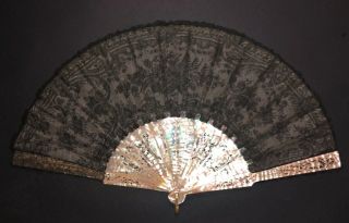 French Art Nouveau Hand Carved Mother Of Pearl Chantilly Lace Fan Cherub