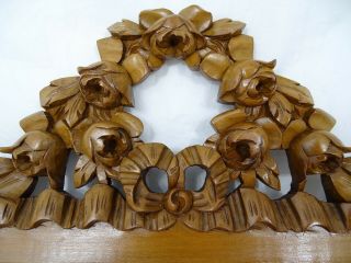 Antique French Hand Carved Walnut Wood Pediment - Crest - Ribbon Louis Xvi & Roses
