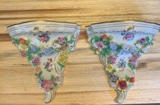 ANTIQUE Capodimonte Style Sconces - Dresden Applied Flowers & Gold Leaf 3