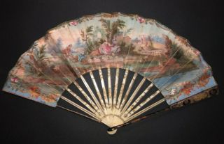 Fine French Louis Xvi Gold Inlay Hand Painted Figural Landscape Scene Fan