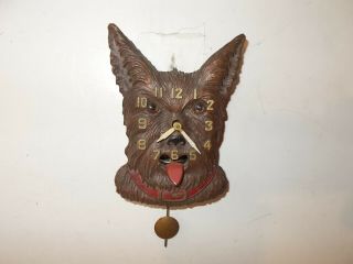 Lux Brown With Red Collar Scottie Dog Miniature Pendulette Clock Circa.  1930