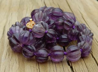 Vintage Chinese Hand Carved Amethyst Graduated Melon Bead 17 " Necklace