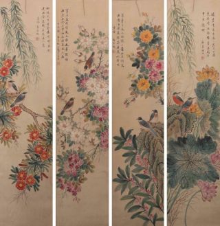 Four Chinese Old Ma Jiatong Scroll Painting Flower And Bird 70.  47”