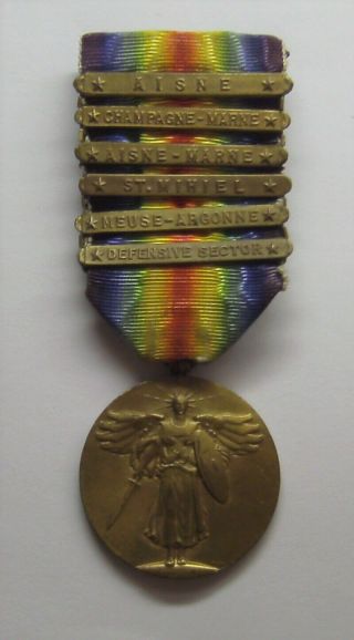 Vintage Ww I Victory Medal & 6 Battle Bars