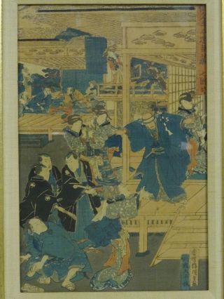 FRAMED ANTIQUE 19 c.  JAPANESE COLOR WOODBLOCK PRINT SAMURAI BANQUET 2