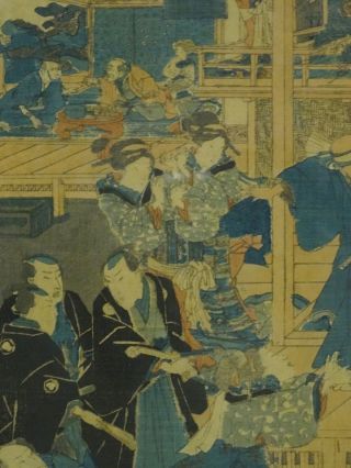 FRAMED ANTIQUE 19 c.  JAPANESE COLOR WOODBLOCK PRINT SAMURAI BANQUET 3