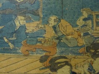 FRAMED ANTIQUE 19 c.  JAPANESE COLOR WOODBLOCK PRINT SAMURAI BANQUET 9