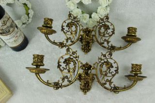 PAIR Antique French 1900 Bronze Gothic dragon Piano sconces candle holders 4