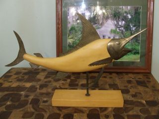 Frederick Cooper Mid Century Brass Wood Fish Sculpture Sailfish Large
