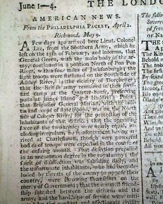 American Revolutionary War Hostilities Coming To An End 1782 British Newspaper