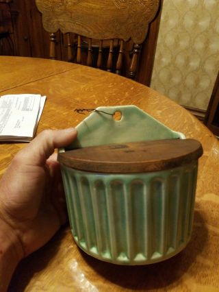 Antique Glazed Stoneware/ceramic Hanging Salt Box/container W/wooden Lid