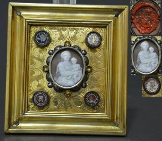 Gorgeous Mid 19th C Italian Cameo Micromosaic Plaque Wax Seal Rome Reliquary