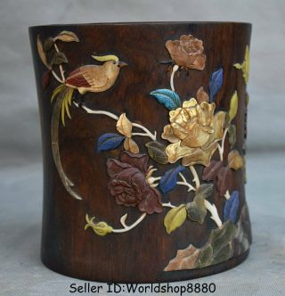 7 " Antique China Huanghuali Wood Inlay Shell Jade Dynasty Flower Birds Brush Pot