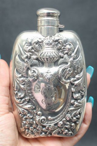 19thc Antique Family Crest Repousse Sterling Silver Liquor Flask Bottle,  Nr