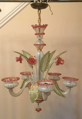 Authentic Vintage Venetian Murano Pink Glass 5 Arm Floral Chandelier