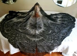 Antique Black Chantilly Lace Mantilla Veil Shawl Wrap Church Mourning Huge
