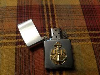 Zippo Lighter US Navy Raised Gold Color Anchor Brushed Chrome 1999 4