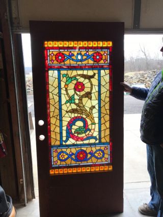 An 484 Jeweled Stained Glass Entrance Door With Serpent 35.  75 X 79