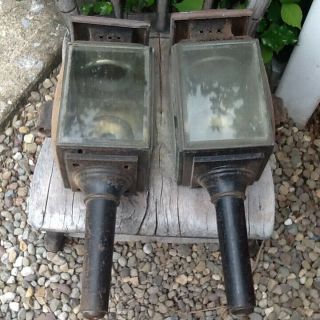 Early Primitive Massive Kerosene Carriage Lamps Lights Beveled Glass Ruby Red