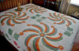 Antique 19th C Hand Stitched Princess Feather Quilt With Border