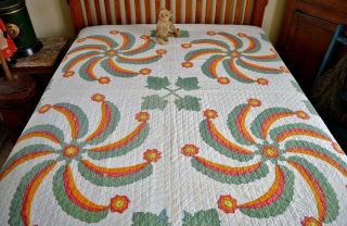 Antique 19th c Hand Stitched Princess Feather Quilt with Border 4
