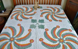 Antique 19th c Hand Stitched Princess Feather Quilt with Border 6
