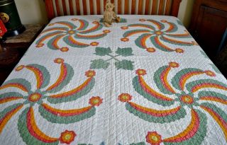 Antique 19th c Hand Stitched Princess Feather Quilt with Border 8