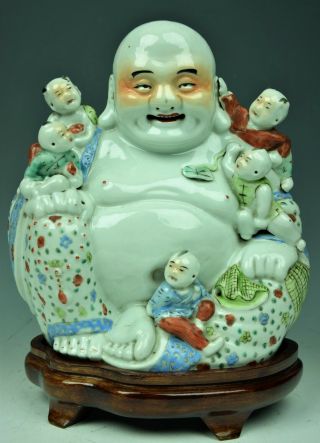 Beautifu Porcelain Laughing Buddha With Five Children Statue Early 20th Century