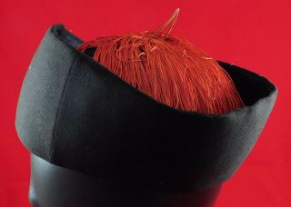 Antique Chinese Manchurian Qing Dynasty Official Black Silk Red Tassel Round Hat