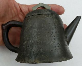 Ancient Chinese Pewter Teapot With Jade Final,  Calligraphy
