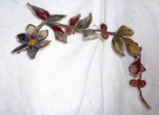 8 1/2 " Victorian French Chenille & Metallic Embroidered Flower On Vines & Leaves