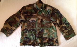 Woodland Camouflage Us Army Button Up Long Sleeve Shirt W/ Patches Medium Short