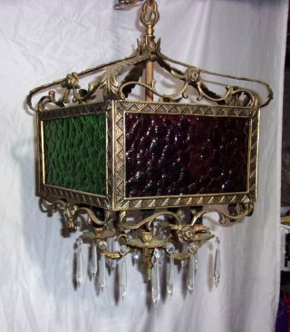 Vintage Antique Solid Brass And Stained Glass W/ Prisms Chandelier 5 Candle