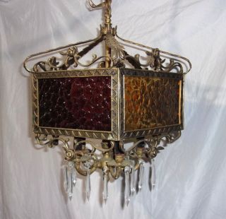 Vintage Antique SOLID Brass and STAINED GLASS w/ prisms Chandelier 5 Candle 3