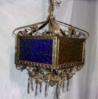Vintage Antique SOLID Brass and STAINED GLASS w/ prisms Chandelier 5 Candle 4