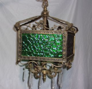 Vintage Antique SOLID Brass and STAINED GLASS w/ prisms Chandelier 5 Candle 5