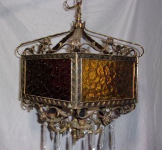 Vintage Antique SOLID Brass and STAINED GLASS w/ prisms Chandelier 5 Candle 6