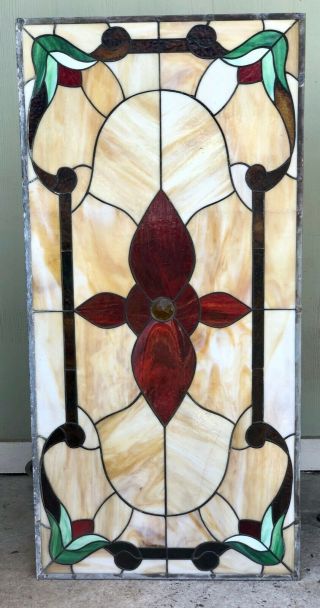 Vintage Art Nouveau Leaded Stained Glass Transom Window With Large Jewel