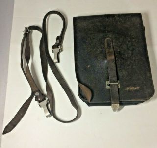 Vintage WWII GERMAN Officer Black Leather Field Map Case Identified w/Straps 2