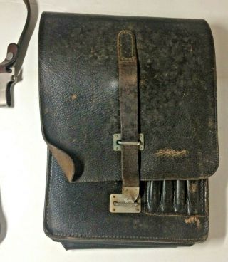 Vintage WWII GERMAN Officer Black Leather Field Map Case Identified w/Straps 8