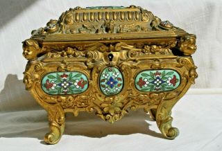 Antique French Gilt Bronze Champleve Enamel Jewelry Box Casket