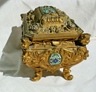 Antique French Gilt Bronze Champleve Enamel Jewelry Box Casket 2