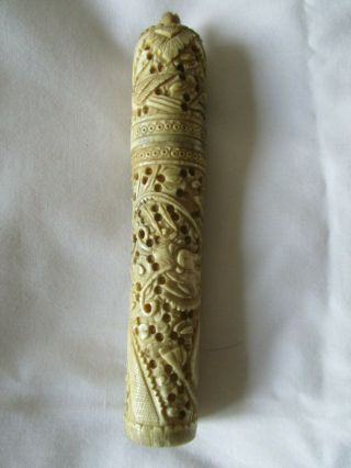 Antique Chinese Carved Bovine Bone Parasol Handle Carved With Dragon & Birds